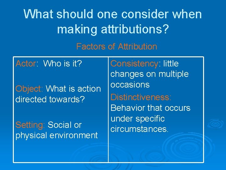 What should one consider when making attributions? Factors of Attribution Actor: Who is it?