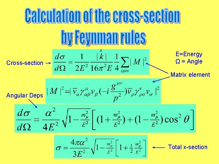 Cross-section E=Energy Ω = Angle Matrix element Angular Deps Total x-section 