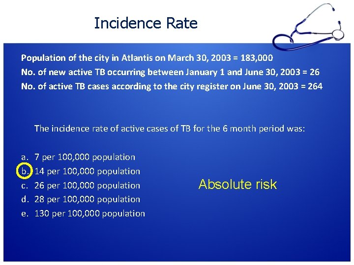 Incidence Rate Population of the city in Atlantis on March 30, 2003 = 183,