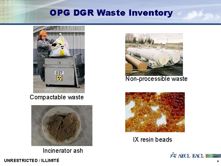 OPG DGR Waste Inventory Non-processible waste Compactable waste IX resin beads Incinerator ash UNRESTRICTED