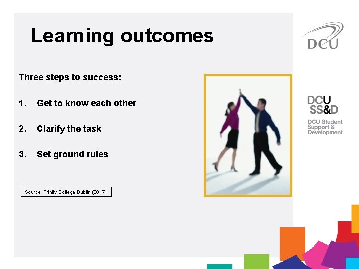 Learning outcomes Three steps to success: 1. Get to know each other 2. Clarify