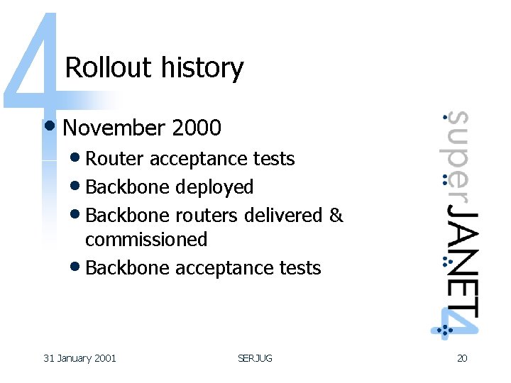 Rollout history • November 2000 • Router acceptance tests • Backbone deployed • Backbone