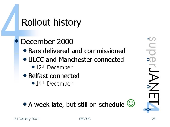 Rollout history • December 2000 • Bars delivered and commissioned • ULCC and Manchester