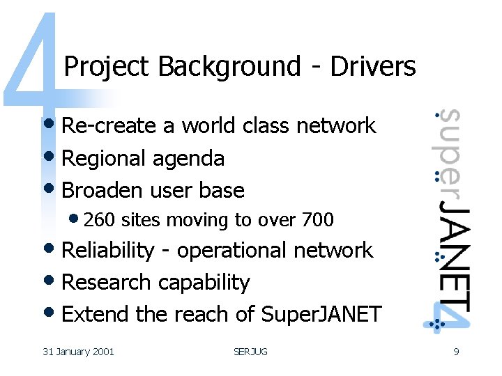 Project Background - Drivers • Re-create a world class network • Regional agenda •