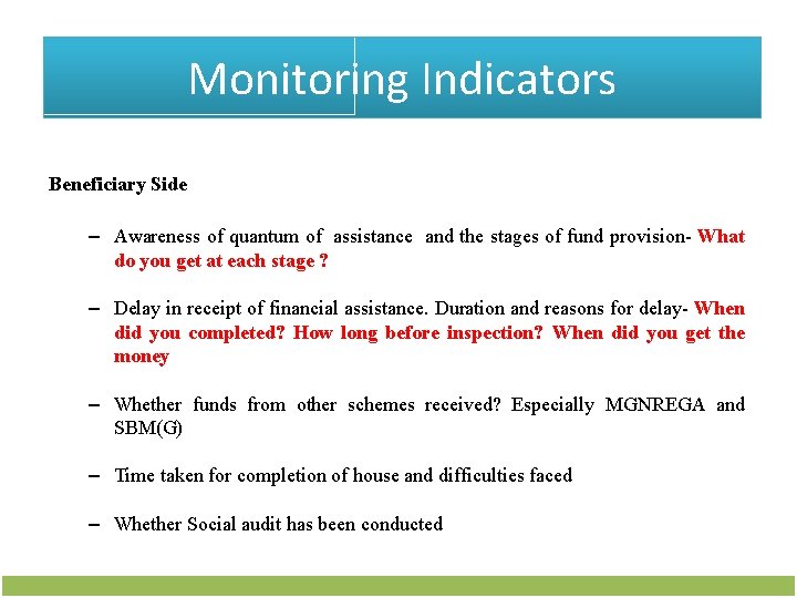 Monitoring Indicators Beneficiary Side – Awareness of quantum of assistance and the stages of