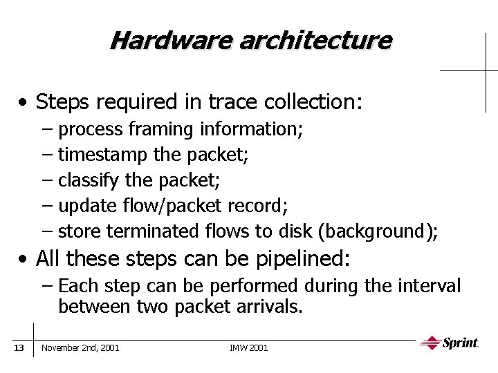 Hardware architecture • Steps required in trace collection: – process framing information; – timestamp