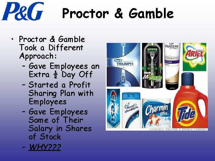 Proctor & Gamble • Proctor & Gamble Took a Different Approach: – Gave Employees