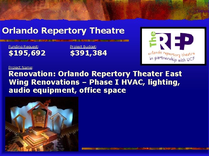 Orlando Repertory Theatre Funding Request: $195, 692 Project Name: Project Budget: $391, 384 Renovation: