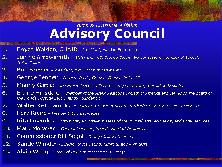 Arts & Cultural Affairs Advisory Council 1. Royce Walden, CHAIR – President, Walden Enterprises