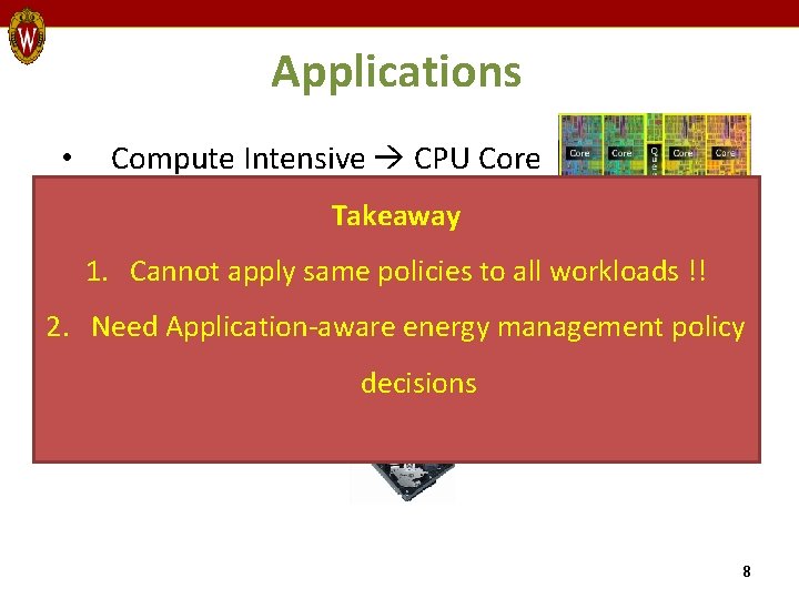 Applications • Compute Intensive CPU Core Takeaway • 1. Cache Sensitive Cannot apply same