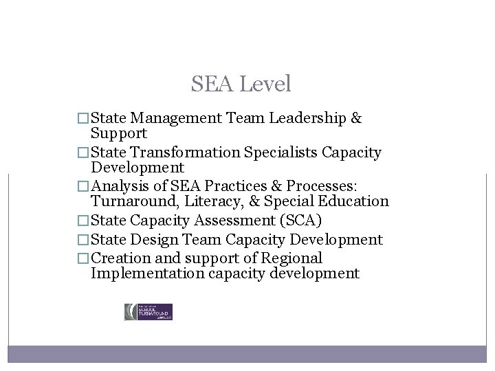 SEA Level � State Management Team Leadership & Support � State Transformation Specialists Capacity