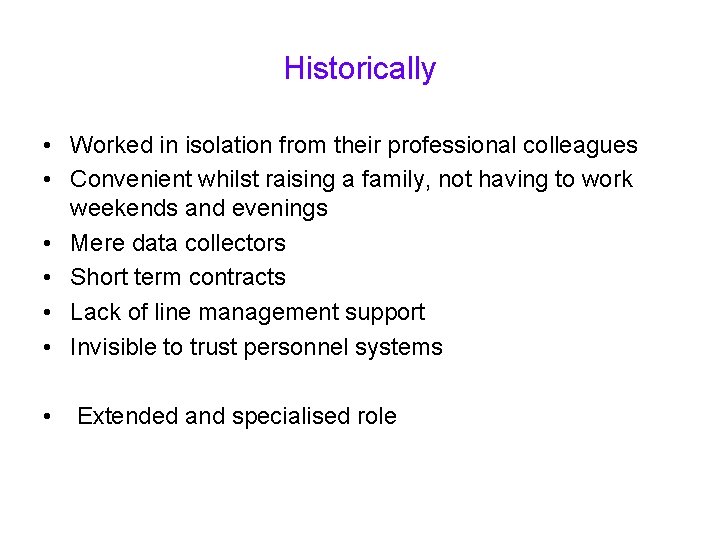 Historically • Worked in isolation from their professional colleagues • Convenient whilst raising a