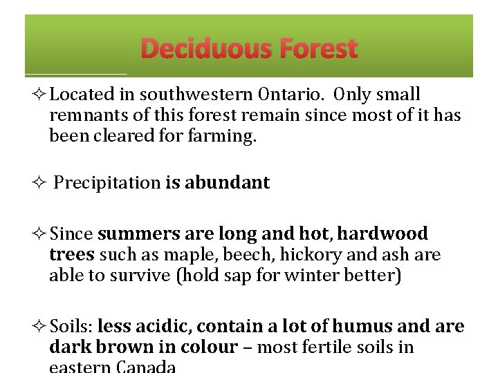Deciduous Forest ² Located in southwestern Ontario. Only small remnants of this forest remain