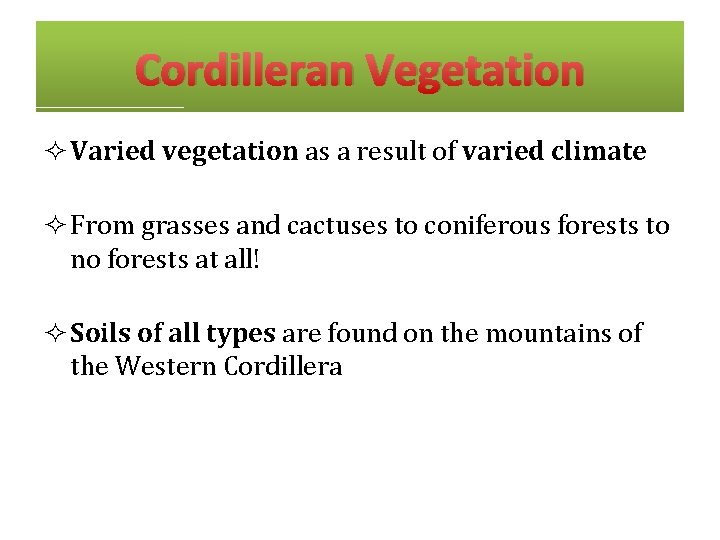 Cordilleran Vegetation ² Varied vegetation as a result of varied climate ² From grasses