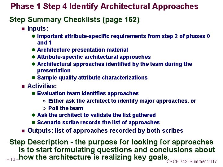 Phase 1 Step 4 Identify Architectural Approaches Step Summary Checklists (page 162) n Inputs: