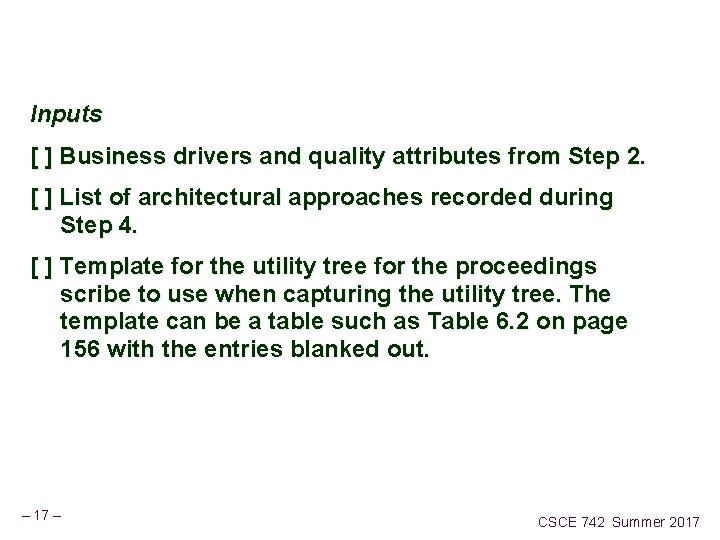 Inputs [ ] Business drivers and quality attributes from Step 2. [ ] List
