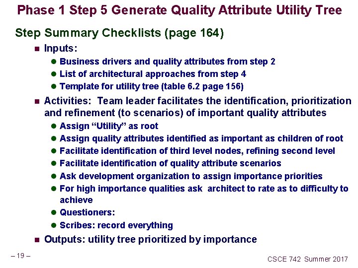 Phase 1 Step 5 Generate Quality Attribute Utility Tree Step Summary Checklists (page 164)