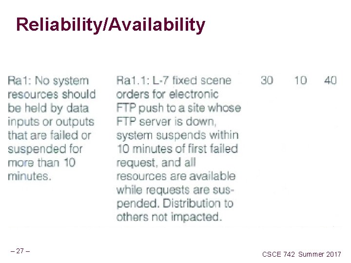 Reliability/Availability – 27 – CSCE 742 Summer 2017 