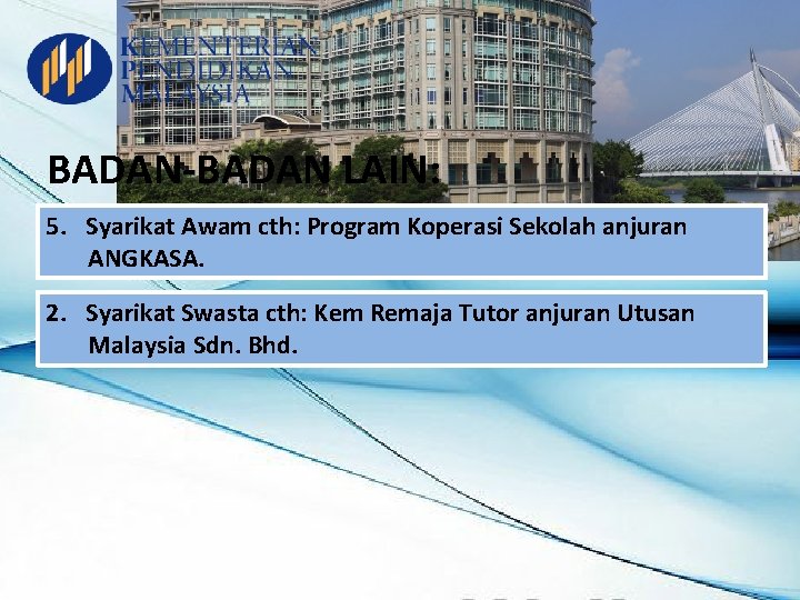 BADAN-BADAN LAIN: 5. Syarikat Awam cth: Program Koperasi Sekolah anjuran ANGKASA. 2. Syarikat Swasta