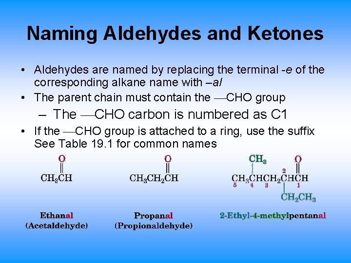 Naming Aldehydes and Ketones • Aldehydes are named by replacing the terminal -e of