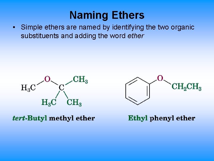 Naming Ethers • Simple ethers are named by identifying the two organic substituents and