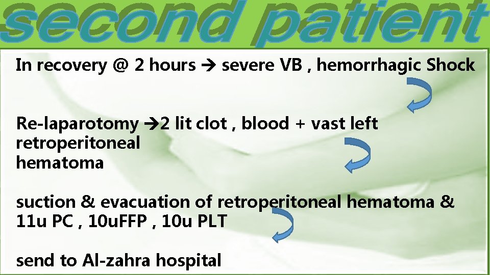 In recovery @ 2 hours severe VB , hemorrhagic Shock Re-laparotomy 2 lit clot