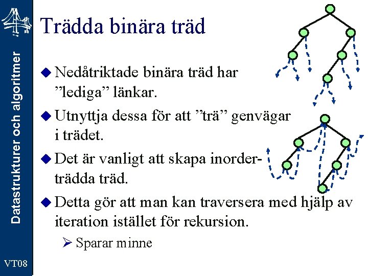 Datastrukturer och algoritmer Trädda binära träd u Nedåtriktade binära träd har ”lediga” länkar. u