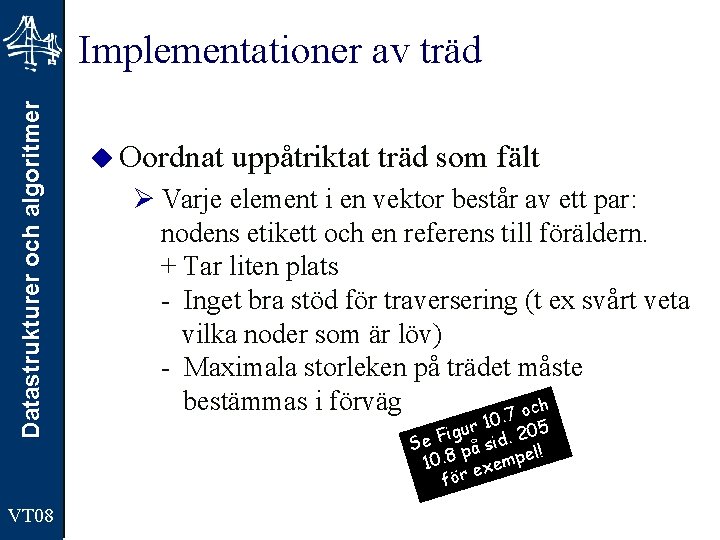 Datastrukturer och algoritmer Implementationer av träd VT 08 u Oordnat uppåtriktat träd som fält