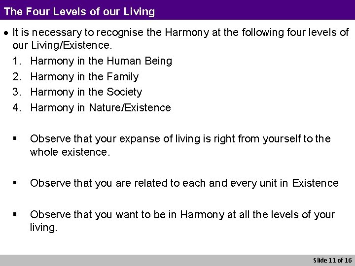 The Four Levels of our Living · It is necessary to recognise the Harmony