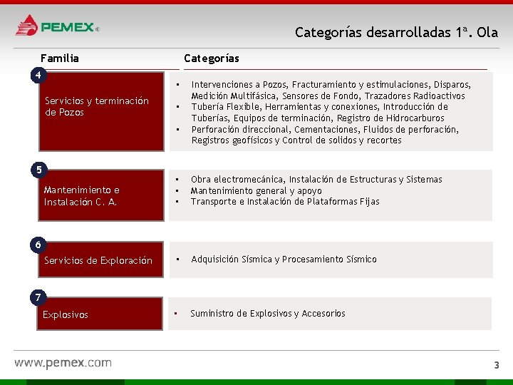 Categorías desarrolladas 1ª. Ola Familia 4 Categorías • Servicios y terminación de Pozos •