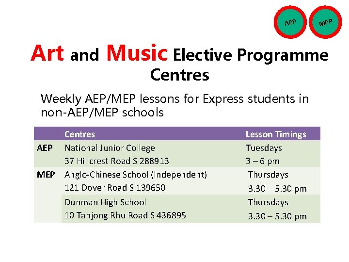 AEP MEP Art and Music Elective Programme Centres Weekly AEP/MEP lessons for Express students