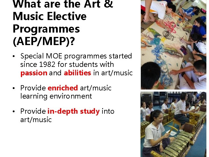What are the Art & Music Elective Programmes (AEP/MEP)? • Special MOE programmes started