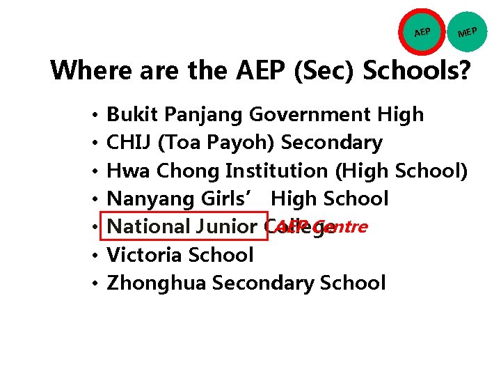 AEP MEP Where are the AEP (Sec) Schools? • • Bukit Panjang Government High