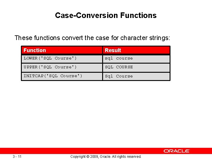 Case-Conversion Functions These functions convert the case for character strings: 3 - 11 Function