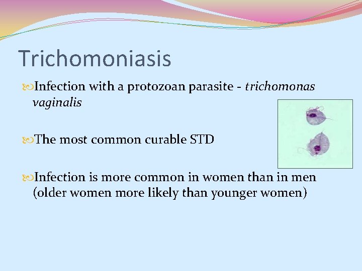Trichomoniasis Infection with a protozoan parasite - trichomonas vaginalis The most common curable STD Trichomoniasis Infection with a protozoan parasite - trichomonas vaginalis The most common curable STD
