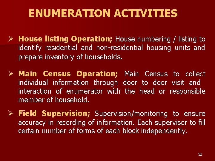 ENUMERATION ACTIVITIES Ø House listing Operation; House numbering / listing to identify residential and