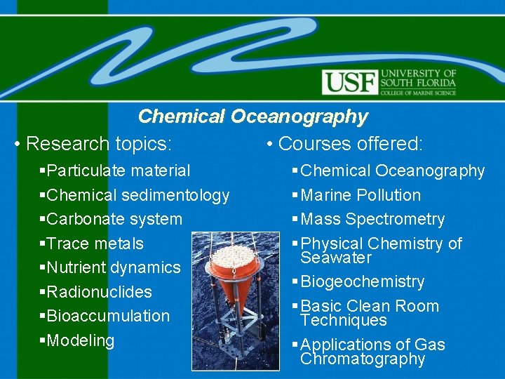 Chemical Oceanography • Research topics: • Courses offered: §Particulate material §Chemical sedimentology §Carbonate system