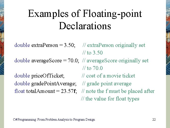 Examples of Floating-point Declarations double extra. Person = 3. 50; // extra. Person originally