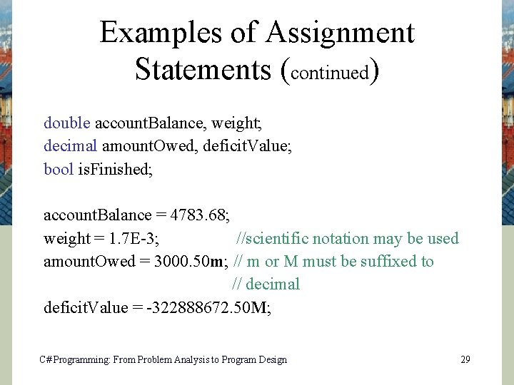 Examples of Assignment Statements (continued) double account. Balance, weight; decimal amount. Owed, deficit. Value;