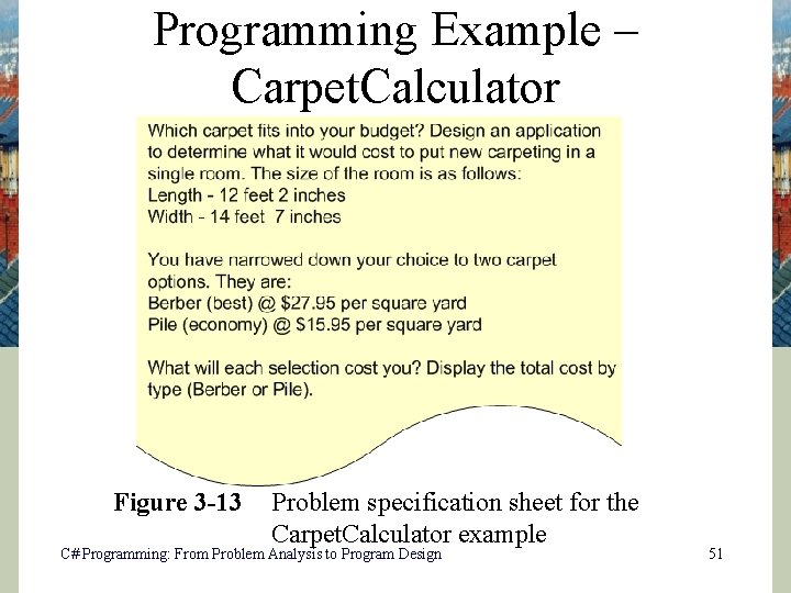 Programming Example – Carpet. Calculator Figure 3 -13 Problem specification sheet for the Carpet.