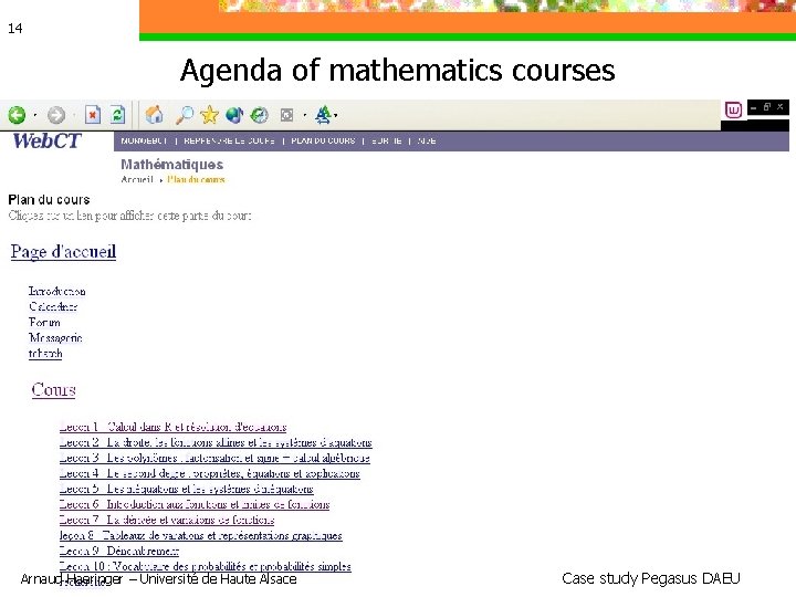 14 Agenda of mathematics courses Arnaud Haeringer – Université de Haute Alsace Case study