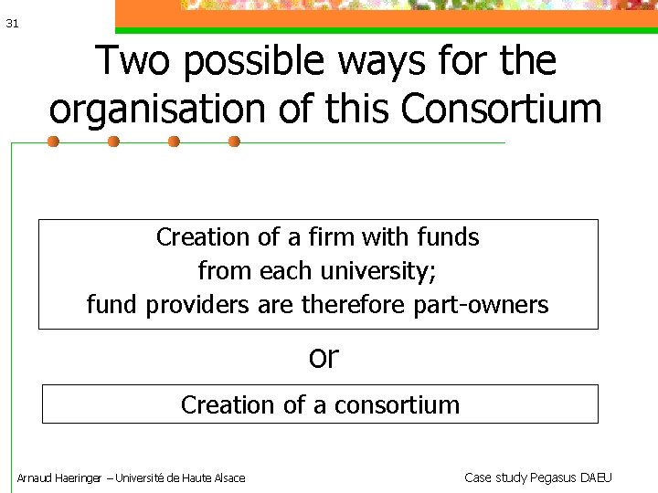 31 Two possible ways for the organisation of this Consortium Creation of a firm