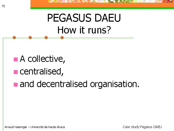 75 PEGASUS DAEU How it runs? A collective, centralised, and decentralised organisation. Arnaud Haeringer