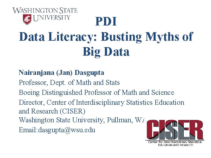 PDI Data Literacy: Busting Myths of Big Data Nairanjana (Jan) Dasgupta Professor, Dept. of