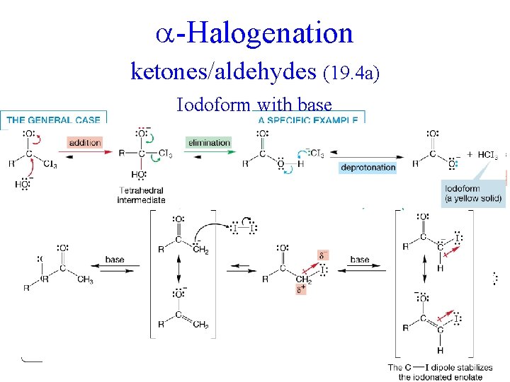  -Halogenation ketones/aldehydes (19. 4 a) Iodoform with base + 