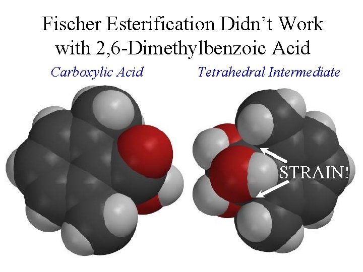 Fischer Esterification Didn’t Work with 2, 6 -Dimethylbenzoic Acid Carboxylic Acid Tetrahedral Intermediate STRAIN!