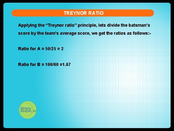 TREYNOR RATIO Applying the “Treynor ratio” principle, lets divide the batsman’s score by the