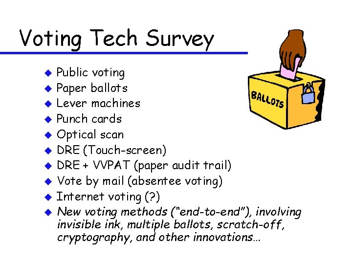 Voting Tech Survey u u u u u Public voting Paper ballots Lever machines
