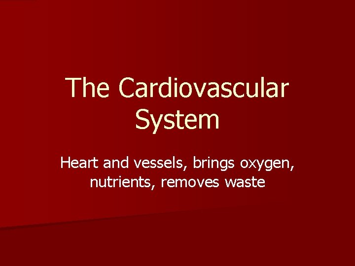 The Cardiovascular System Heart and vessels, brings oxygen, nutrients, removes waste 