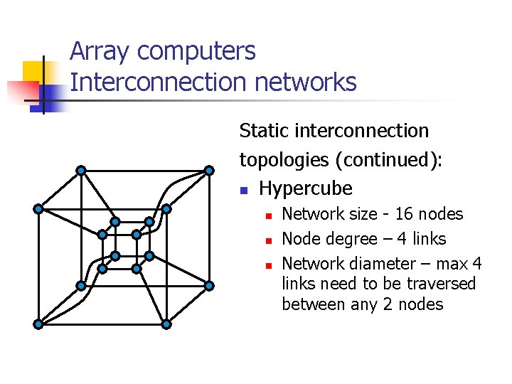 Array computers Interconnection networks Static interconnection topologies (continued): n Hypercube n n n Network
